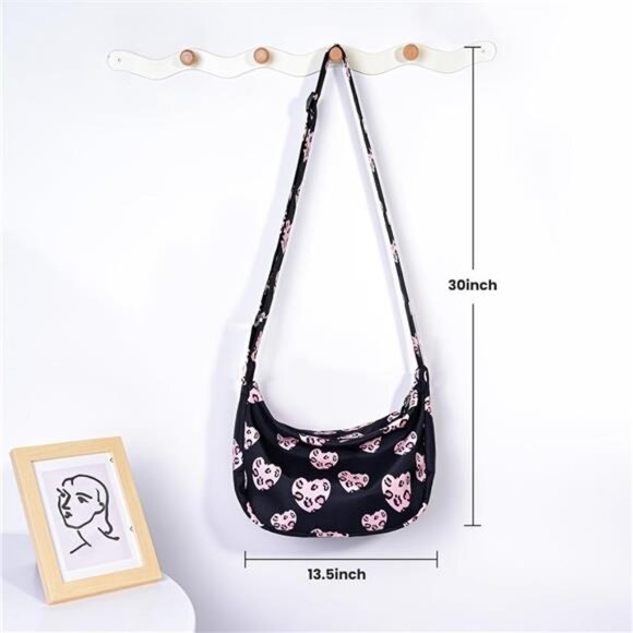 Mini Crescent Bag with Adjustable Strap, 2 Zippers Lightweight Nylon Bag - Black - Picture 5 of 6